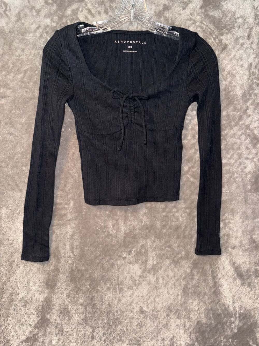 Aeropostale Black Ribbed Long Sleeve Tie-Front Crop Top Size XS